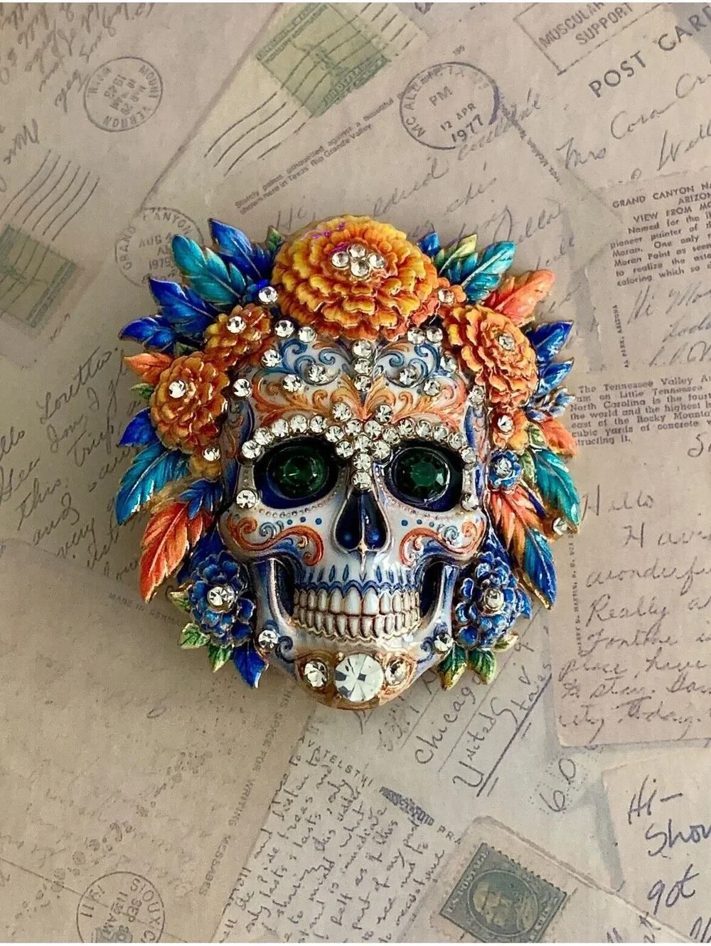 Colorful Day of the Dead Skull Brooch with Floral Accents and Rhinestones